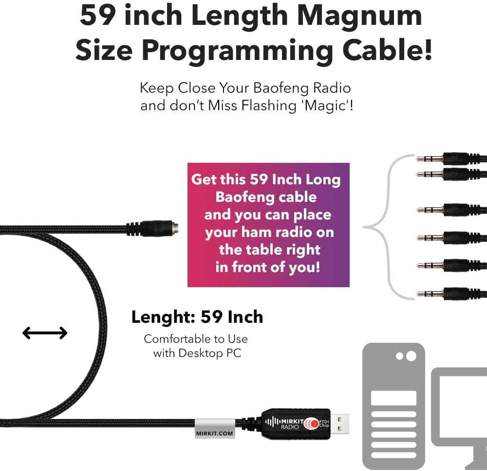 MIRKIT FTDI USB Programming Cable 6 in 1 Model 5 (59 inches Extended Length) for Flashing Ham Radios Compatible with Baofeng Radio, Motorola, Kenwood, HYT, ICOM, Yaesu, Vertex