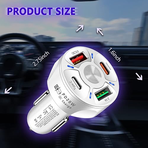 Vista 2 de 4 Port Car Charger USB C Adapter with LED Light,Quick Charge with Type C/PD 20W/QC 3.0 Fast Charging CCar Cigarette Lighter Adapter for iPhone 14 13