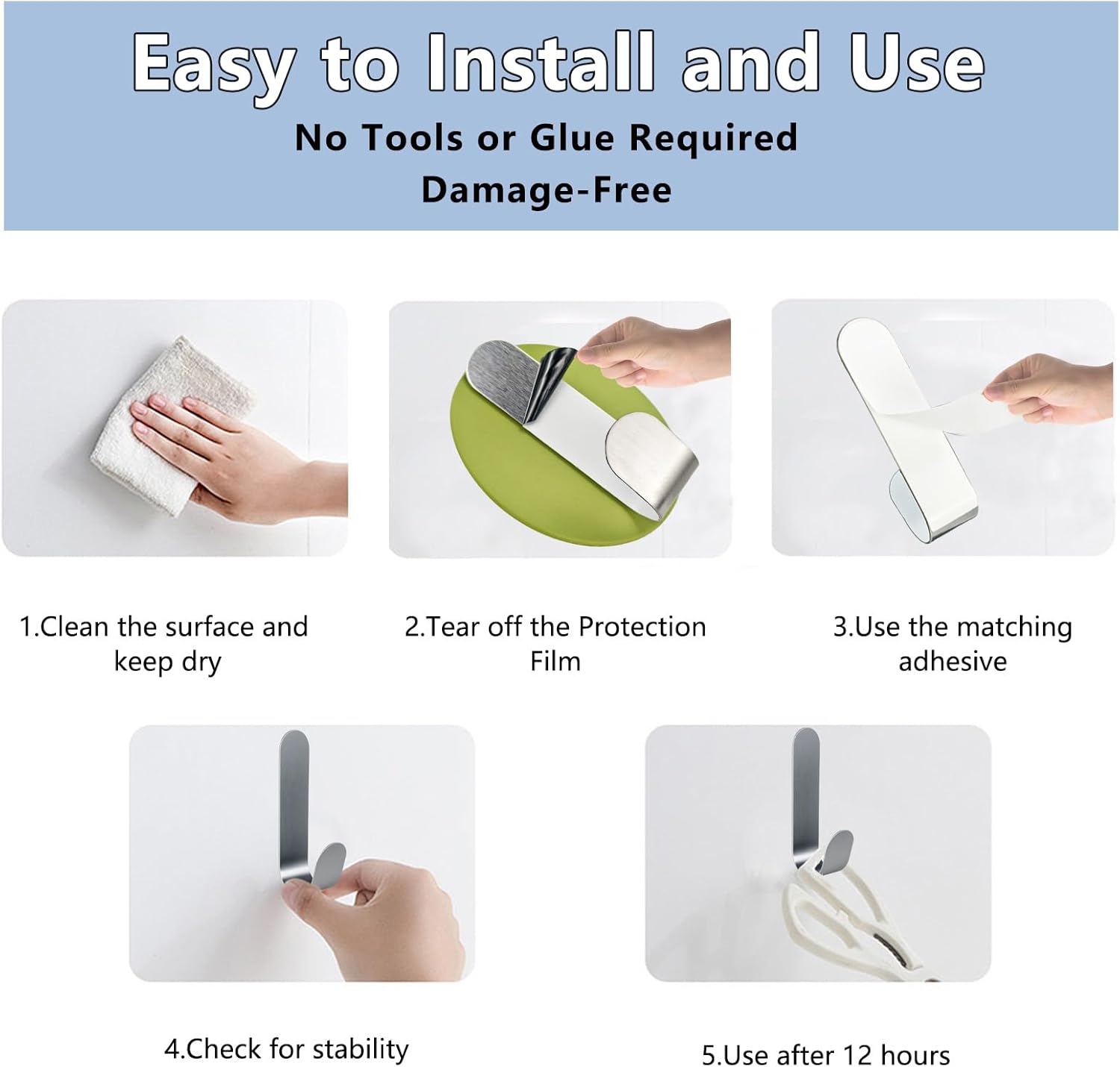 Heavy Duty Adhesive Hooks for Wall, Silver Stainless Steel, 12 Pack, Large j Hooks for Hanging - Simplicity/Sturdy/for Bathroom Kitchen/for Hanging Coat/Rober/Bag/Towel/Clothes