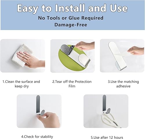 Miniatura 6 de Ganchos adhesivos para colgar resistentes, 12 ganchos de pared de metal, gran utilidad con gancho en J de 12 libras, gancho adhesivo sin daños para