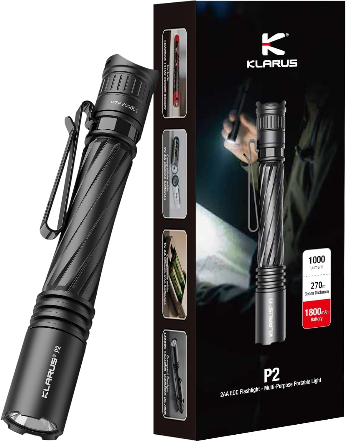 klarus P2 Tactical Pen Light, 1000 Lumens 886ft Throw, USB-C Rechargeable or 2AA Compatible, IPX8 Waterproof Small EDC Pocket Flashlight for Office Home Security