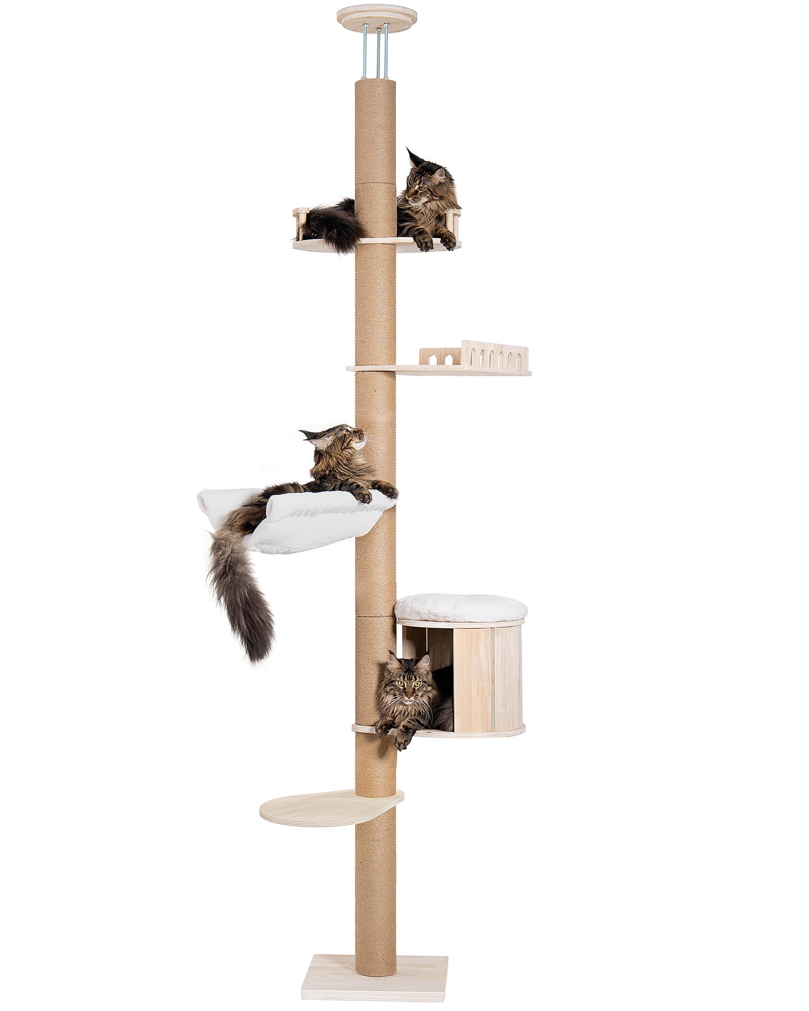 Tall Floor to Ceiling Cat Tree for Large Cats, Cat Tower with Scratching Post, Adjustable Height(82-122 in), Large Condo Cave Bed and Hammock for Indoor Cats, Cat Climbing Pole, Wood