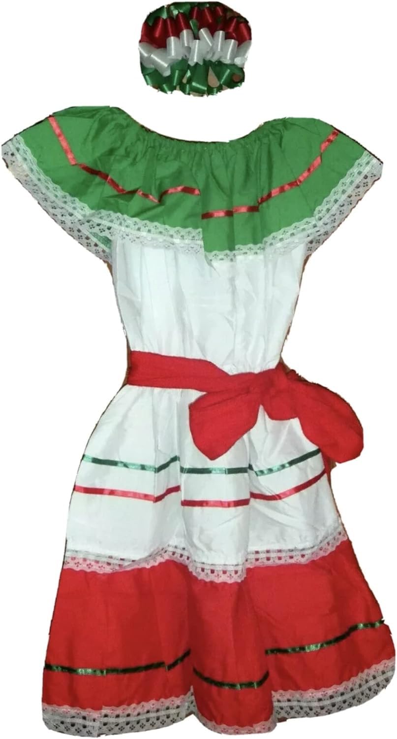 Girl Toddler Baby Tri-Color Dress Mexico Folklorico 5 De Mayo Fiesta Dance (XS-S) White