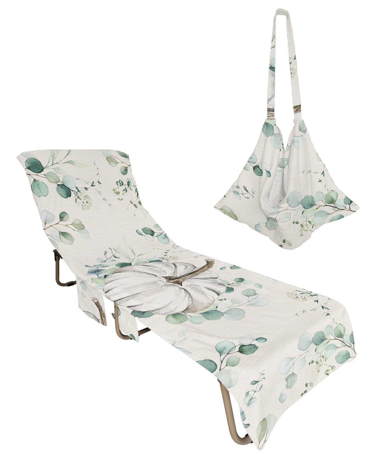 White Chic Pumpkin, Beach Lounge Chair Towel Cover, Soft Chaise Lounge Towel with Side Pockets Patio Pool Chairs Cover for Beach/Pool Sunbathing 29x85 Thanksgiving Fall Greenery Eucalyptus Plant