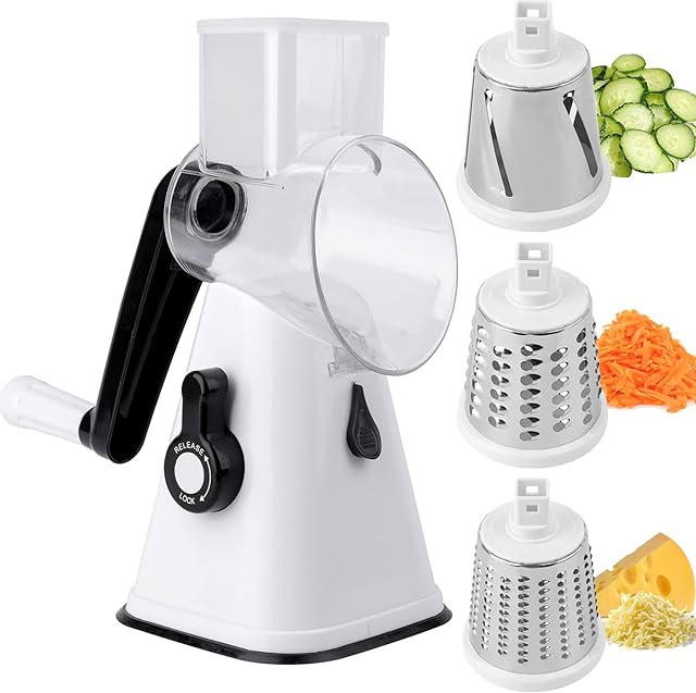 Dicunoy Cheese Grater, Rotary Vegetable Slicer Cutter Shredder, Manual Round Mandoline Slicer Grinder with 3 Interchangeable Blades for Veggie, Walnuts, Fruit