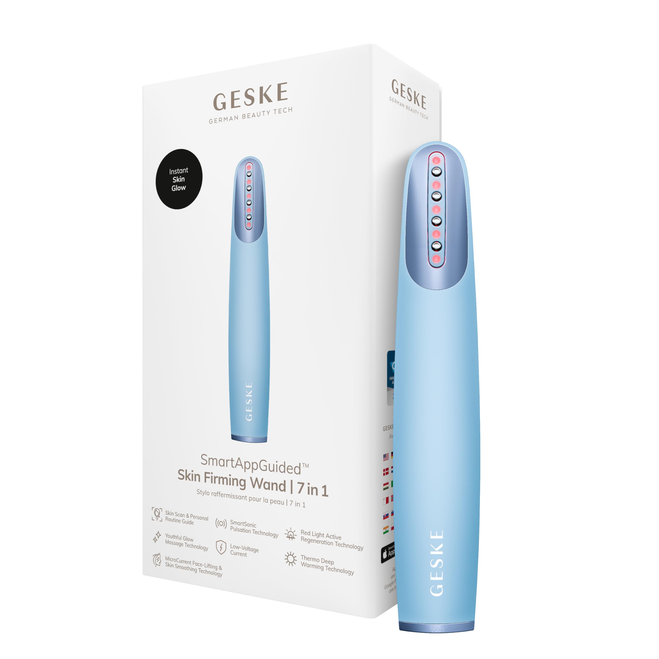 GESKE Skin Firming Wand | 7 in 1 | Anti-età | Lifting a microcorrente | Strumento di skincare | Rimozione rughe per una pelle soda e giovane | Rassodante viso | Red LED Light Technology