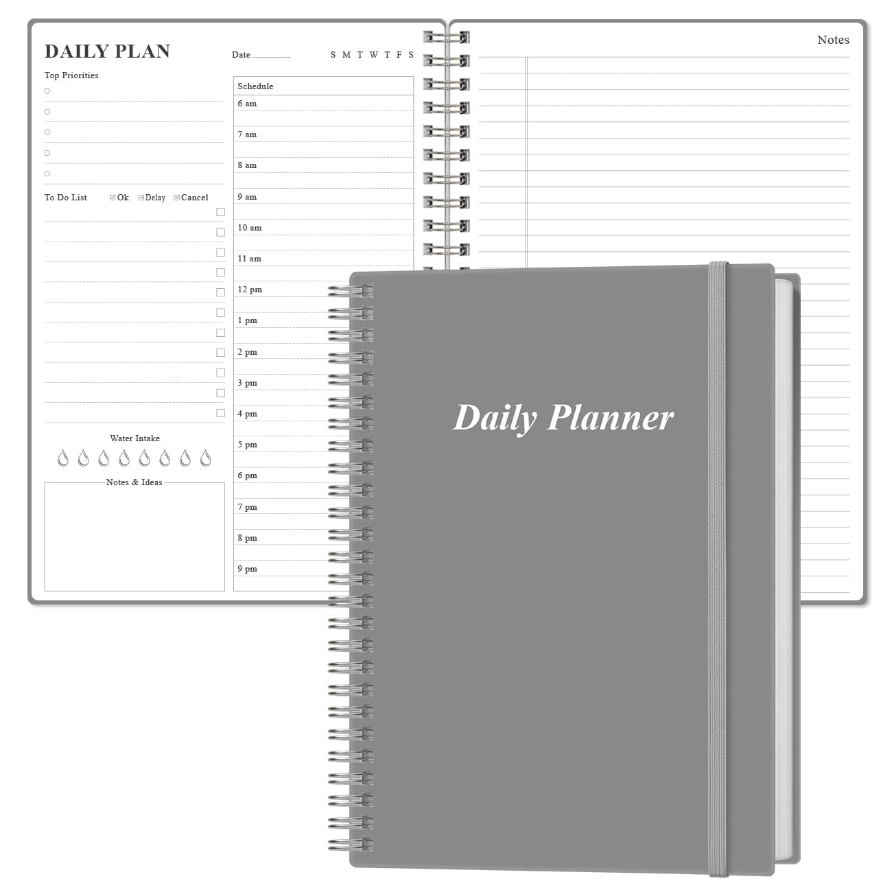 Daily Planner Undated - B5 To Do List Notebook Hourly Schedules, Spiral Appointment Planner for Women and Men, PVC Hardcover, Inner Pocket, Elastic Closure, 7" x 10", Grey โ image 1