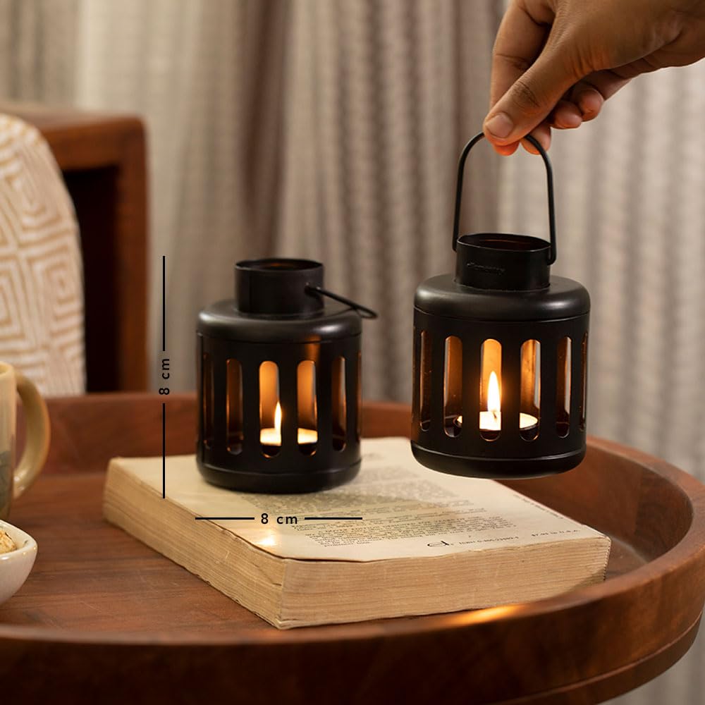 Ellementry Kuma Metal Round Lantern with Tealight- Set of 2, Hanging Lamp for Home Décor, Candle Holder Stands for Balcony & Garden, Aesthetic Lalten for Christmas Décor & Gifts 2