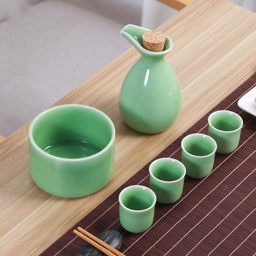 Sake Set and Cups with Warmer, Traditional Celadon Wine Glass Set, 8 Pieces Includes 1 Sake Pot, 1 Thermal Bowl, 6 Cups, Green
