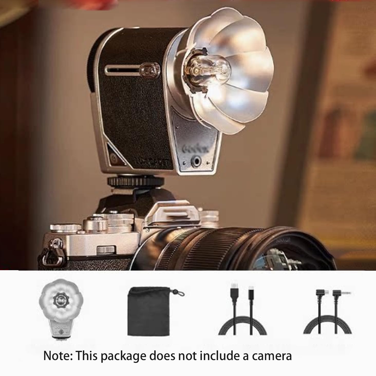 Lampa błyskowa w stylu vintage ze srebrnym reflektorem, ładowana, do lustrzanek cyfrowych i kamer filmowych