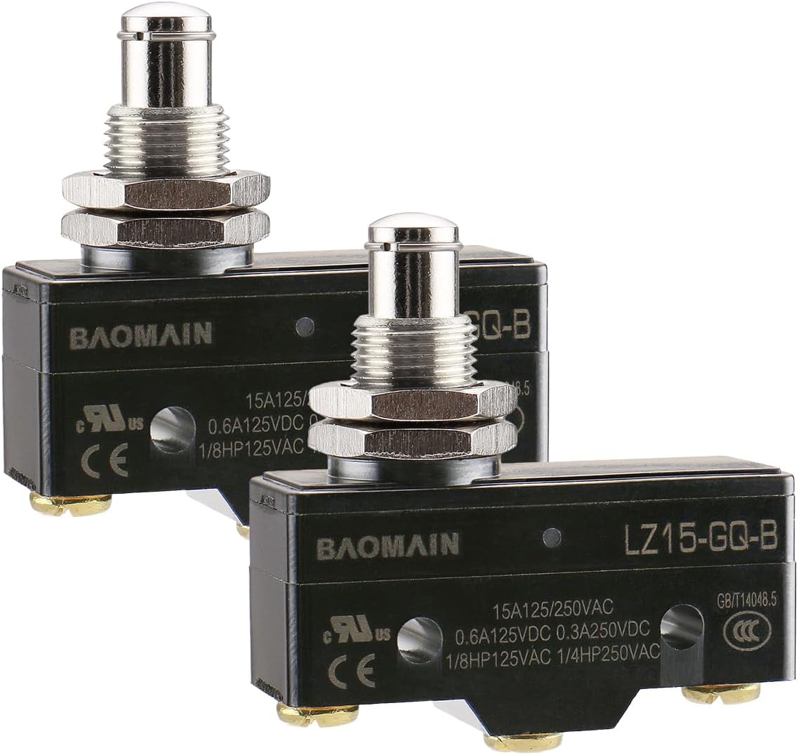Panel Mount Plunger Switch LZ15-GQ-B 15A Momentary,UL,2-Pack | Z-15GQ-B 15A 250VAC Momentary SPDT Micro Switch with Screw Terminals, for Panel Mounting & Enclosure Control