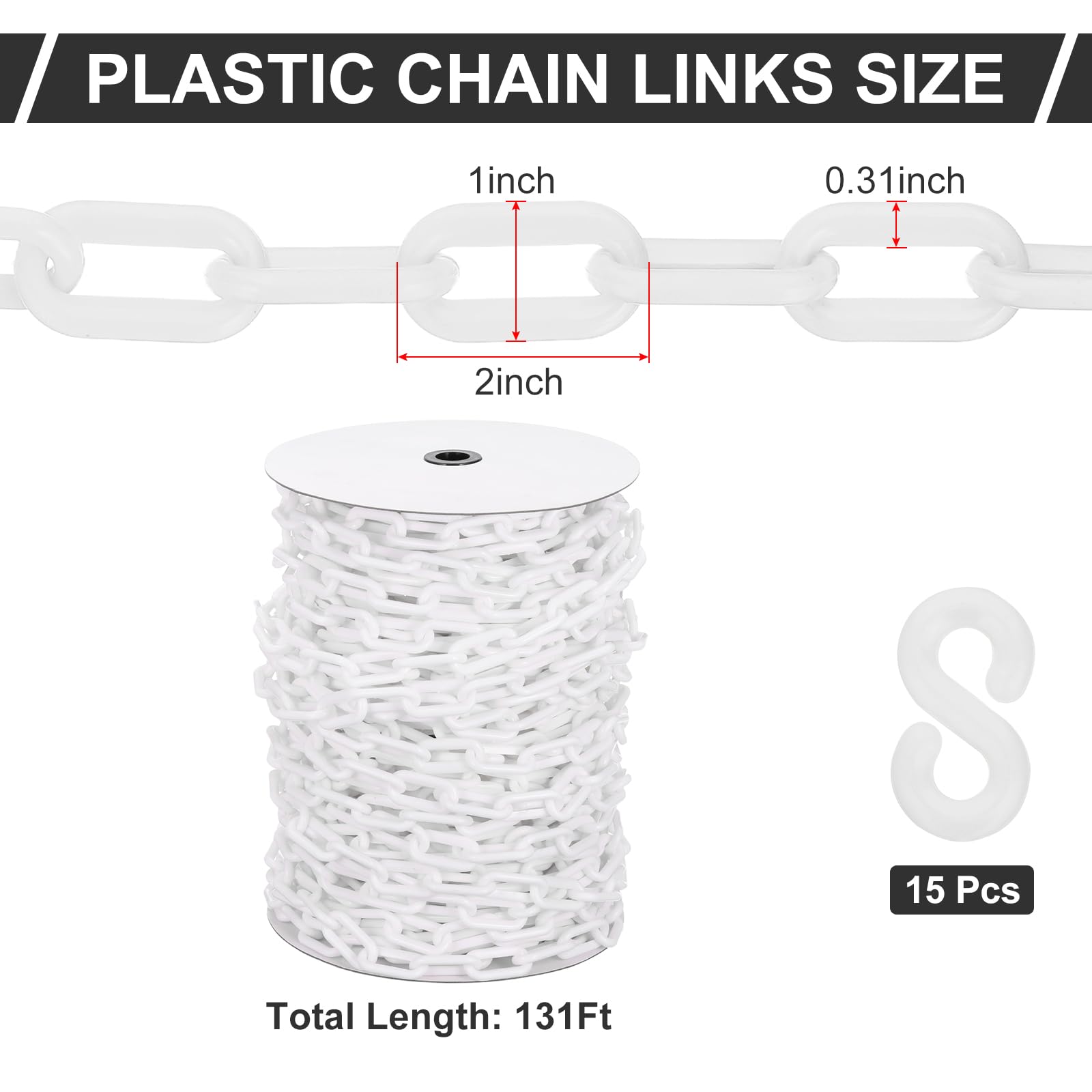 PATIKIL Chaîne plastique blanche, 131 pieds 8mm Chaîne sécurité Barrière plastique granchaîne longue pour le contrôle foule, parking, clôture, portail, concert, décoration chantier