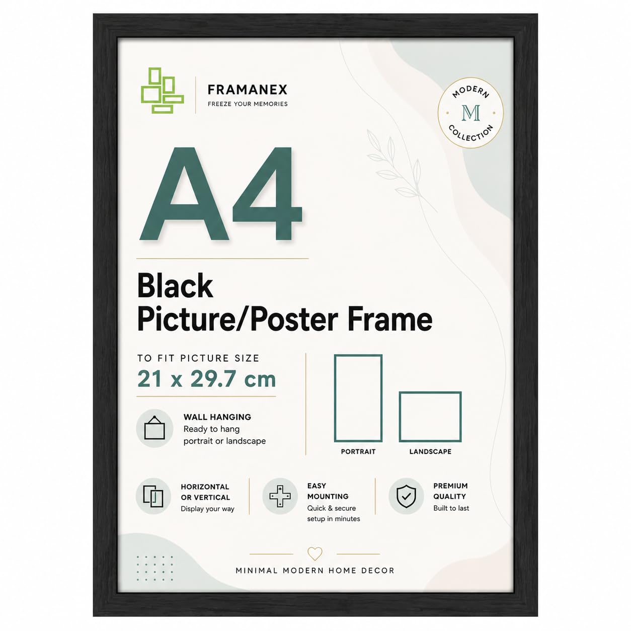 FX A4 Photo Frame Engineered Wood and Plexiglass, A4 Frame Black (21x29.70cm) Dual Orientation Landscape or Portrait, A4 Picture Frames Wall Hanging or Tabletop Display Photos for Home, Office