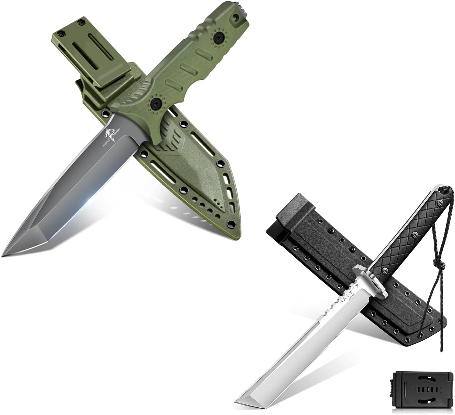 Purple Dragon Japanese Fixed Blade Tanto Knife Bundle with Green Full Tang Survival Knife with Sheath
