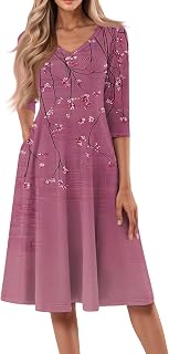 Women's Floral Print A-Line Dress with 3/4 Sleeve Elegant V-Neck Casual Midi Dress for Spring Summer