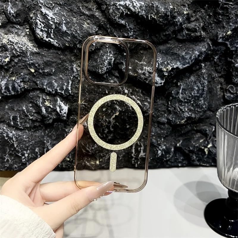 Image of COVERLY Ultra Thin Slim Sleek Hard Transparent Shinny Glitter Magnetic Ring Mag-Safe Case for iPhone 14 Plus Shockproof PC Clear Bling Spakly Cover (Desert Titanium)