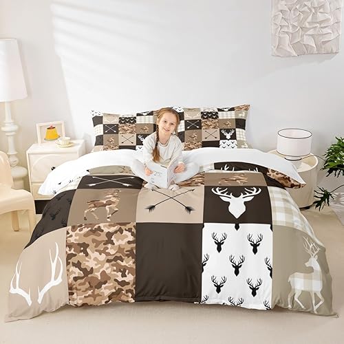 Antler Silhouette Kids Duvet Cover Set Queen Size,Camo Brown Rustic Bedding Set,Girls Boys Adults Room/Xmas Decor,Geometric Plaid Patchwork Comforter Cover,Arrows Boho Quilt Cover,3pcs,2 Pillowcases