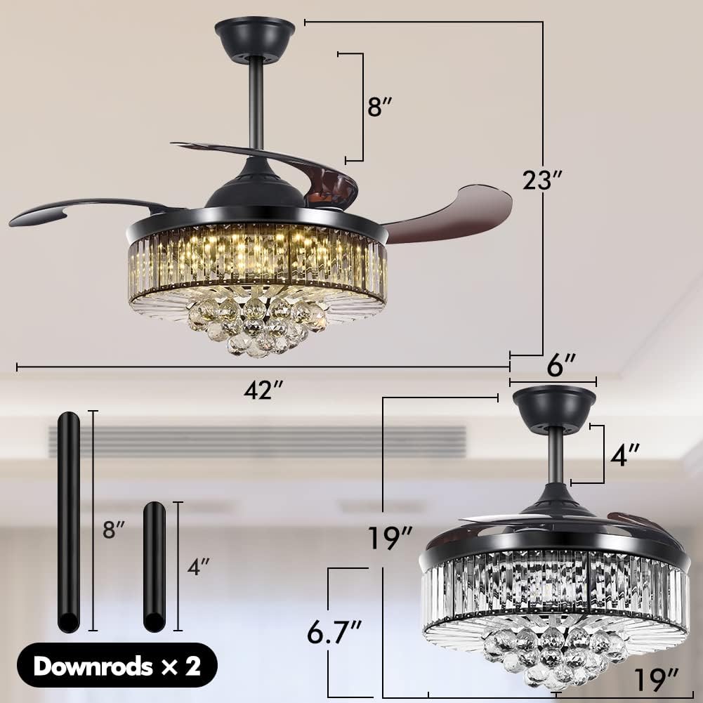 MORE CHANGE BIGBANBAN 42'' Fandelier Ceiling Fan with Light, Retractable Chandelier Fan LED Crystal Ceiling Fan for Bedroom Living Room Dining Room