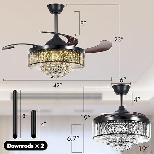 Miniatura 4 de BIGBANBAN - Ventilador de techo de 42 pulgadas con luz, ventilador de techo retráctil de cristal LED para dormitorio, sala de estar, comedor