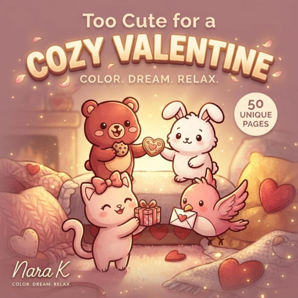 Too Cute for a Cozy Valentine: A Bold and Easy Kawaii Coloring Book with Adorable Love Stories for Adults and Kids