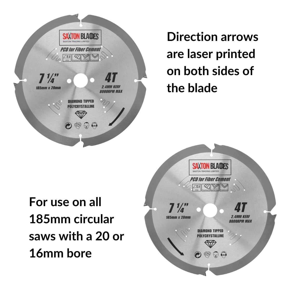 Saxton PCD Circular Saw Blade, 185mm x 4 Teeth x 20mm Bore (16mm ring), Polycrystalline Diamond Tipped Fibre Cement Board - Image 3