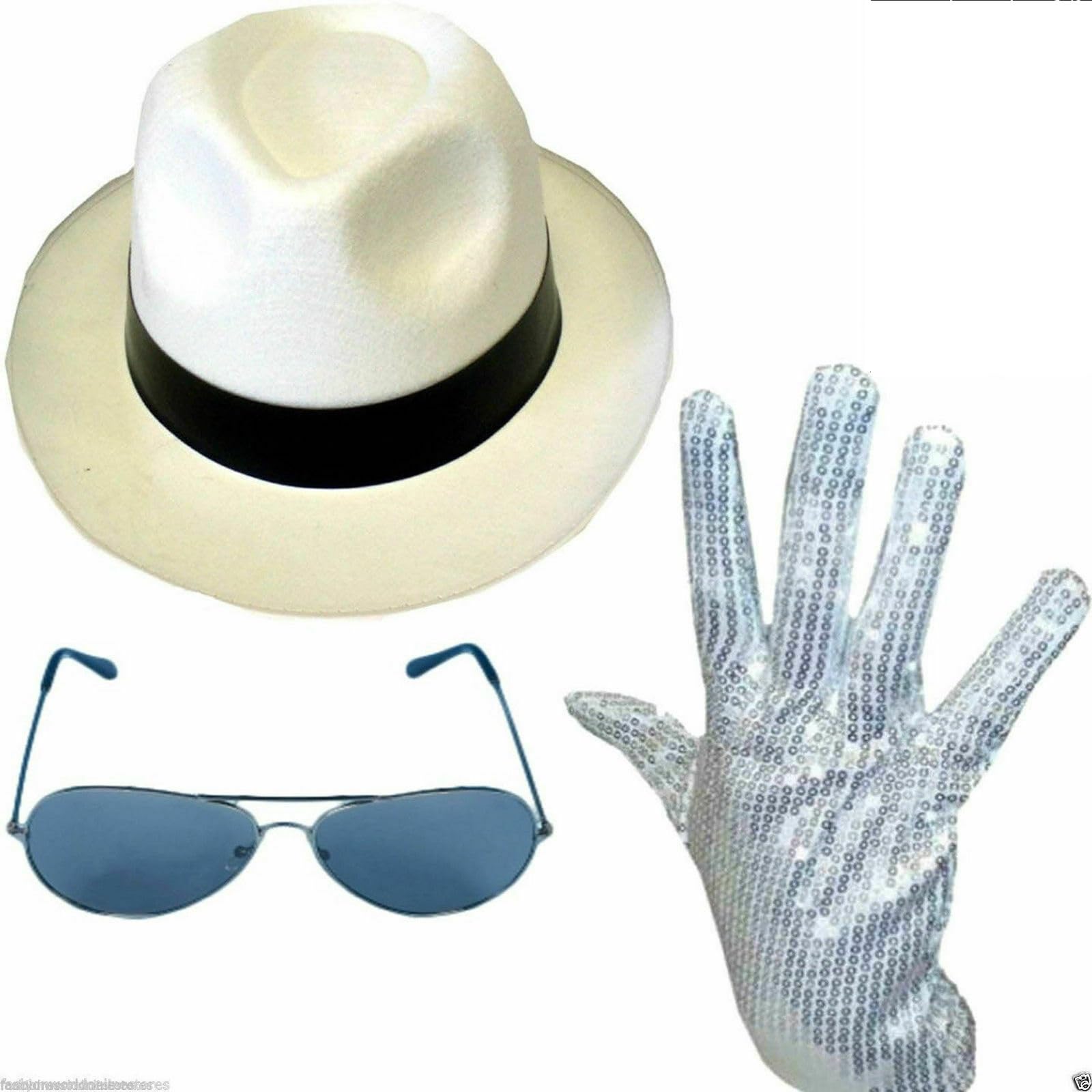 ANZEE Michael Jackson Hat, Sequin Glove & Sunglasses With Bow Tie Set Pop Star, Gangster Cosplay Party Fancy Dress Costume Accessories (Off White 3 Pcs Set)