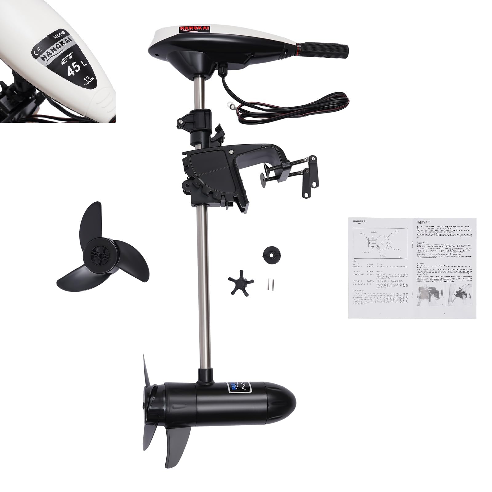 Motore elettrico fuoribordo, 12 V, 552 W, 20,4 kg, motore elettrico per barca, motore per barca regolabile in altezza con manico telescopico a 7 marce, supporto in acciaio inox e morsetti per batteria