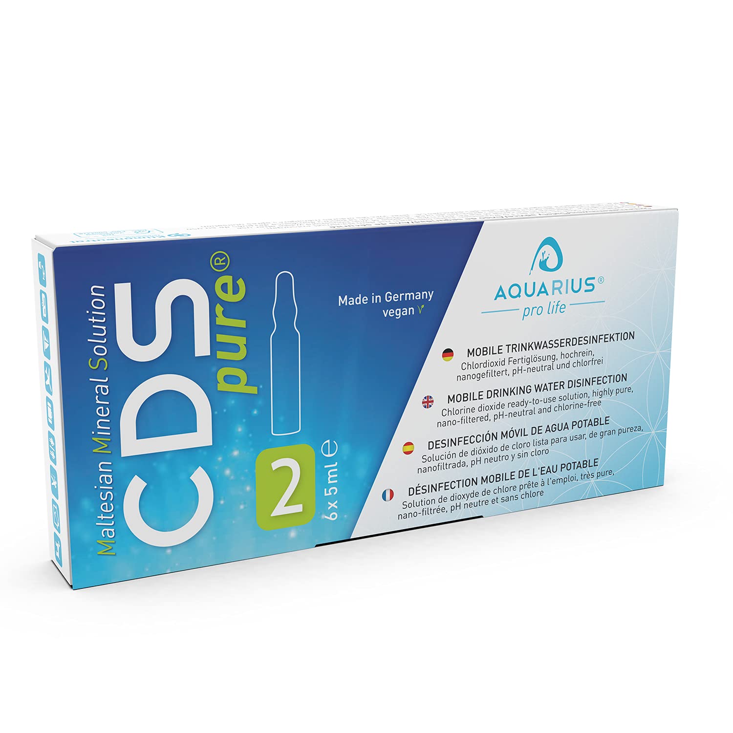 CDSpure 6x5ml I nano-gefilterte Chlordioxid-Fertiglösung (0,299%) in Klarglas Ampullen I 5 Jahre ungekühlt haltbar I 2990ppm I CDL Tropfen I Premium CDS I Das Original