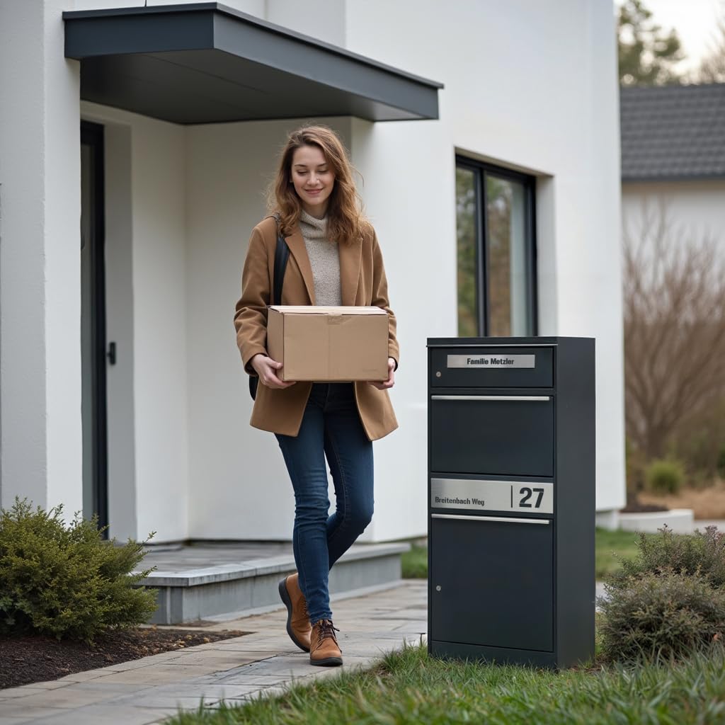 Metzler Paketbox, Briefkasten mit großem Paketfach in Anthrazit, personalisierte Paketbox für draußen, Standbriefkasten mit Paketfach, Paketkasten, Postbox mit Gravur, rostfrei und massiv - Bispo 2