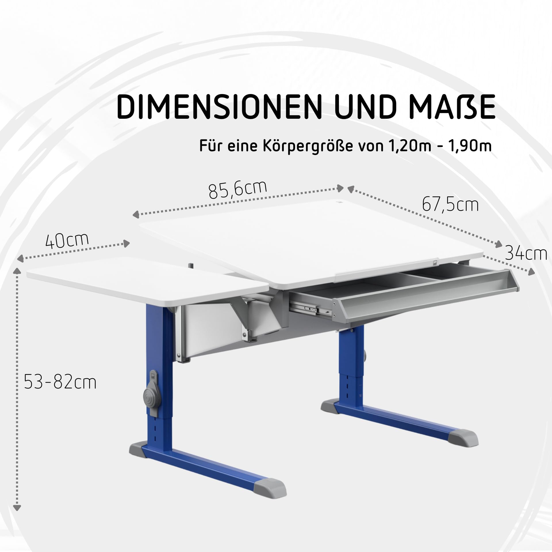 Moll Bandit Kinderschreibtisch höhenverstellbar | mitwachsend, ergonomisch & neigbar für aufrechtes Sitzen | ideal für Schulkinder | Schreibtisch weiß (Side Top & Schublade, Blau, 90cm x 70,5cm)