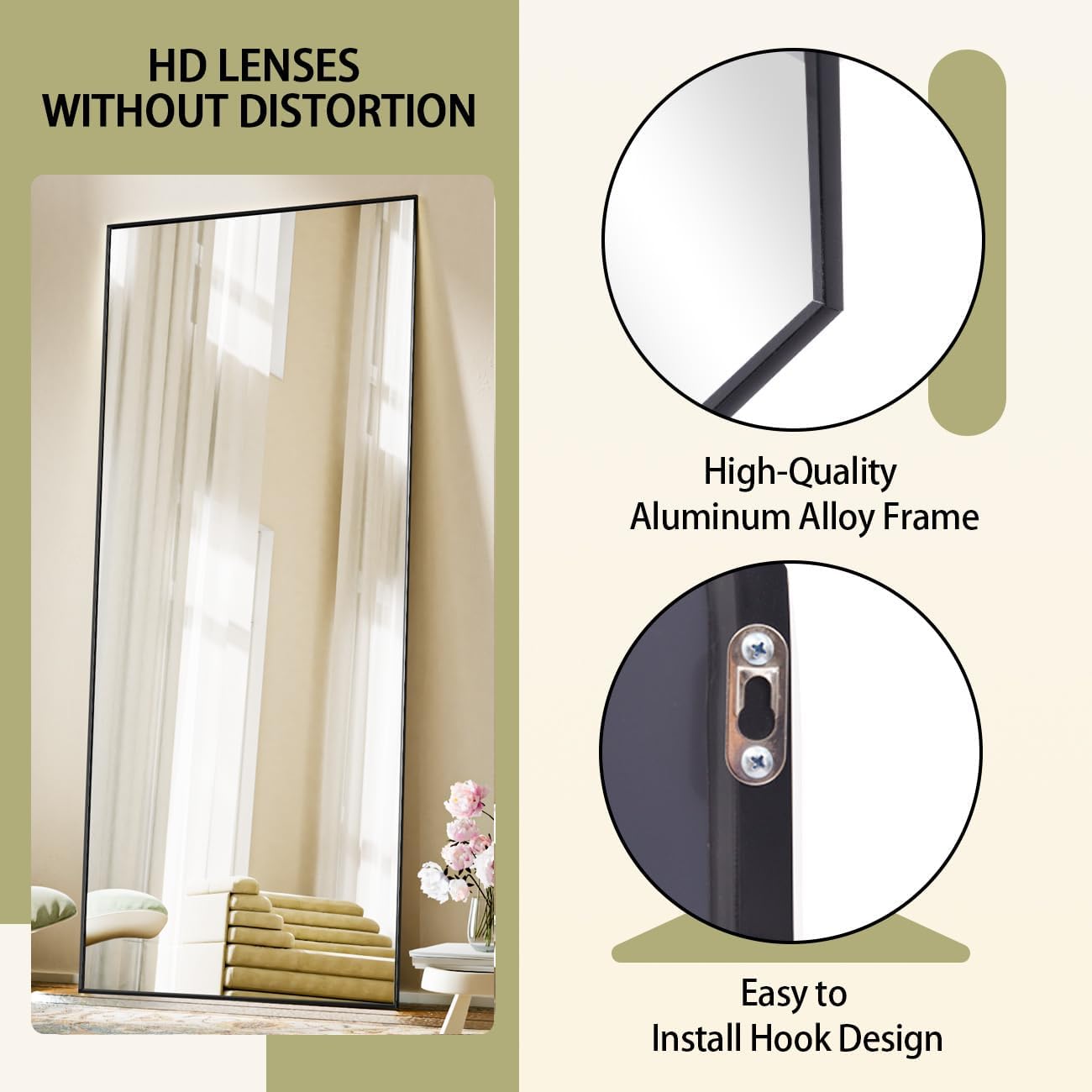 BEAUTYPEAK Full Length Mirror with Stand, 56"x21" Floor Mirror with Aluminum Alloy Thin Frame, ShatterVue Tempered Full Body Mirrors, Free Standing or Wall-Mounted Mirrors for Living Room, Black - Image 5