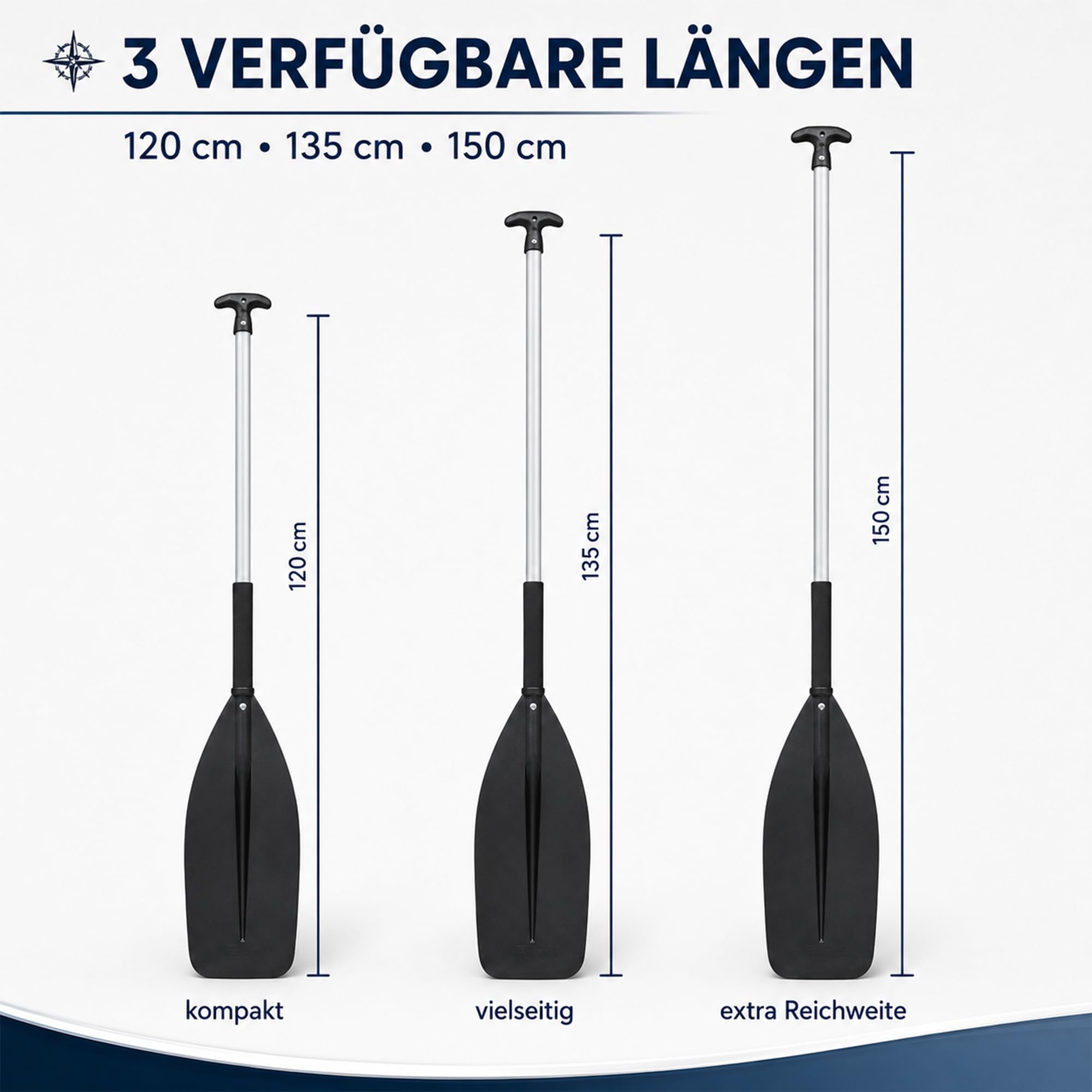 Paddel 120cm / 135cm / 150cm – stabiles Bootspaddel mit Aluminiumrohr & Kunststoffblatt | Kajak Paddel, Schlauchboot Paddel & Wassersport Zubehör für Freizeitboot, Beiboot & SUP Zubehör