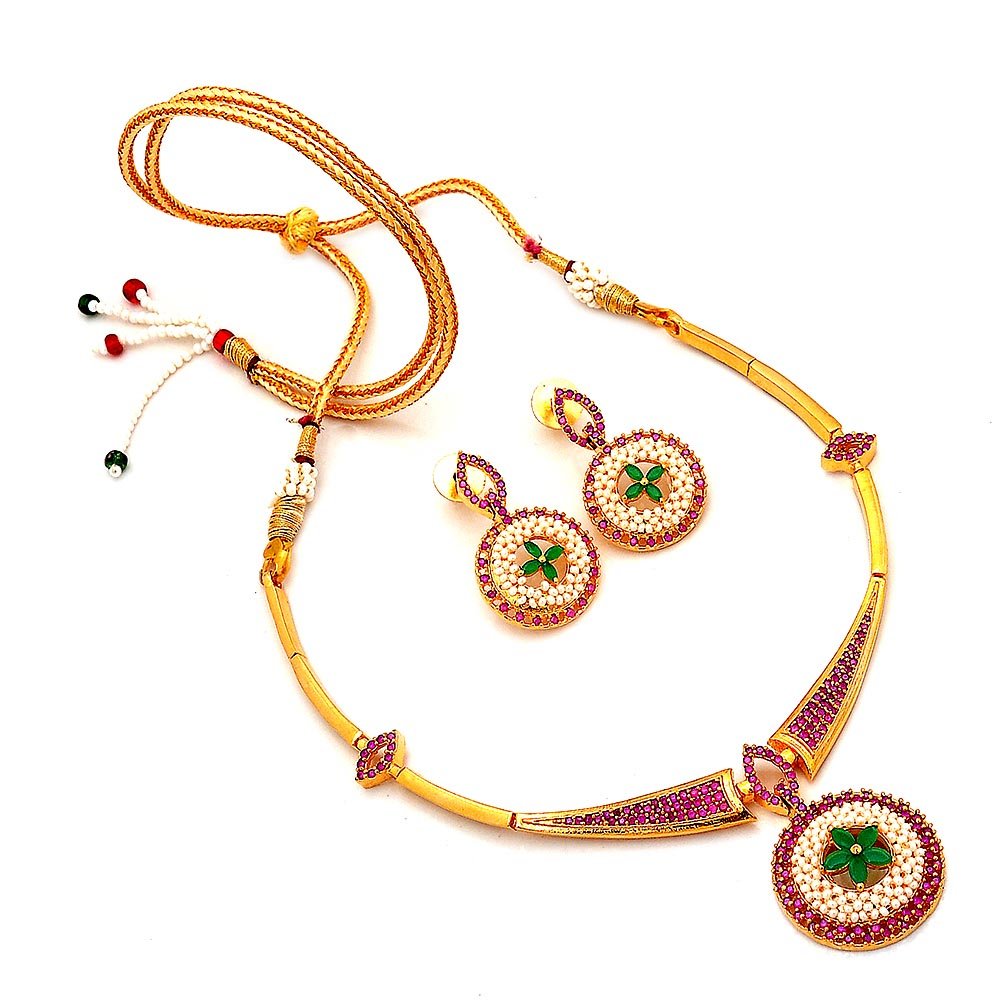Jewar MandiNecklace Pearl Handmade Puwai Ad Cz Ruby Emerald Gemstones Gold Plated Handmade Jewelry Set For Women & Girls