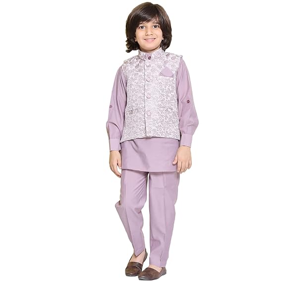 Kids Cotton Blend Embroidered Kurta Trouser With Waistcoat Set For Boys