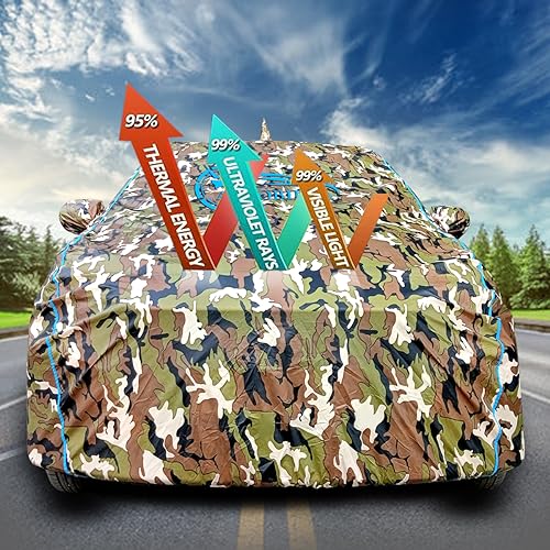 Image of Waterproof Car Body Cover Compatible with Mahindra Scorpio N Z8 Diesel at Mirror Pocket and Antenna Pocket, Triple Stitched (Jungle Print with Blue Piping Design)