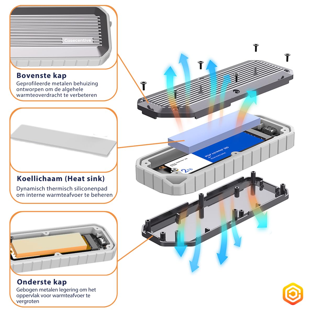 Casecentive wodoszczelna obudowa SSD M.2 NVMe 10 Gb/s, wytrzymała obudowa zewnętrznego napędu IP65 USB-C, obsługuje dyski SSD M-Key i B+M-Key M.2 w formatach 2230, 2242, 2260 i 2280 do 8 TB
