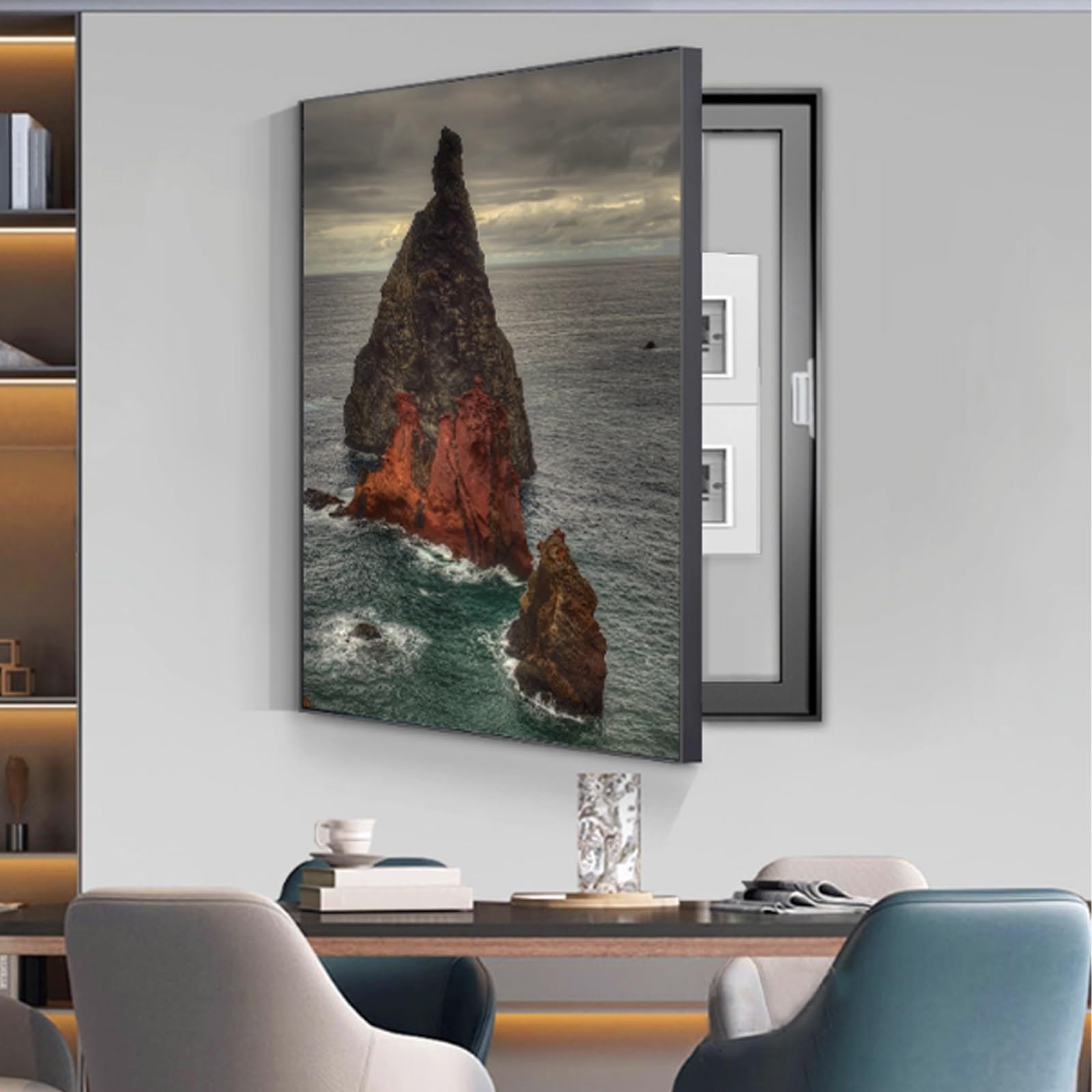 PAKMEZ Copri Cassaforte a Muro Copertura Decorativa, Contatore Flip, Nascondi Copertura Scatola Interruttori, per Appendere, Camera da Letto, Soggiorno, Bagno(Black 7,45 * 55cm/17 * 21in)