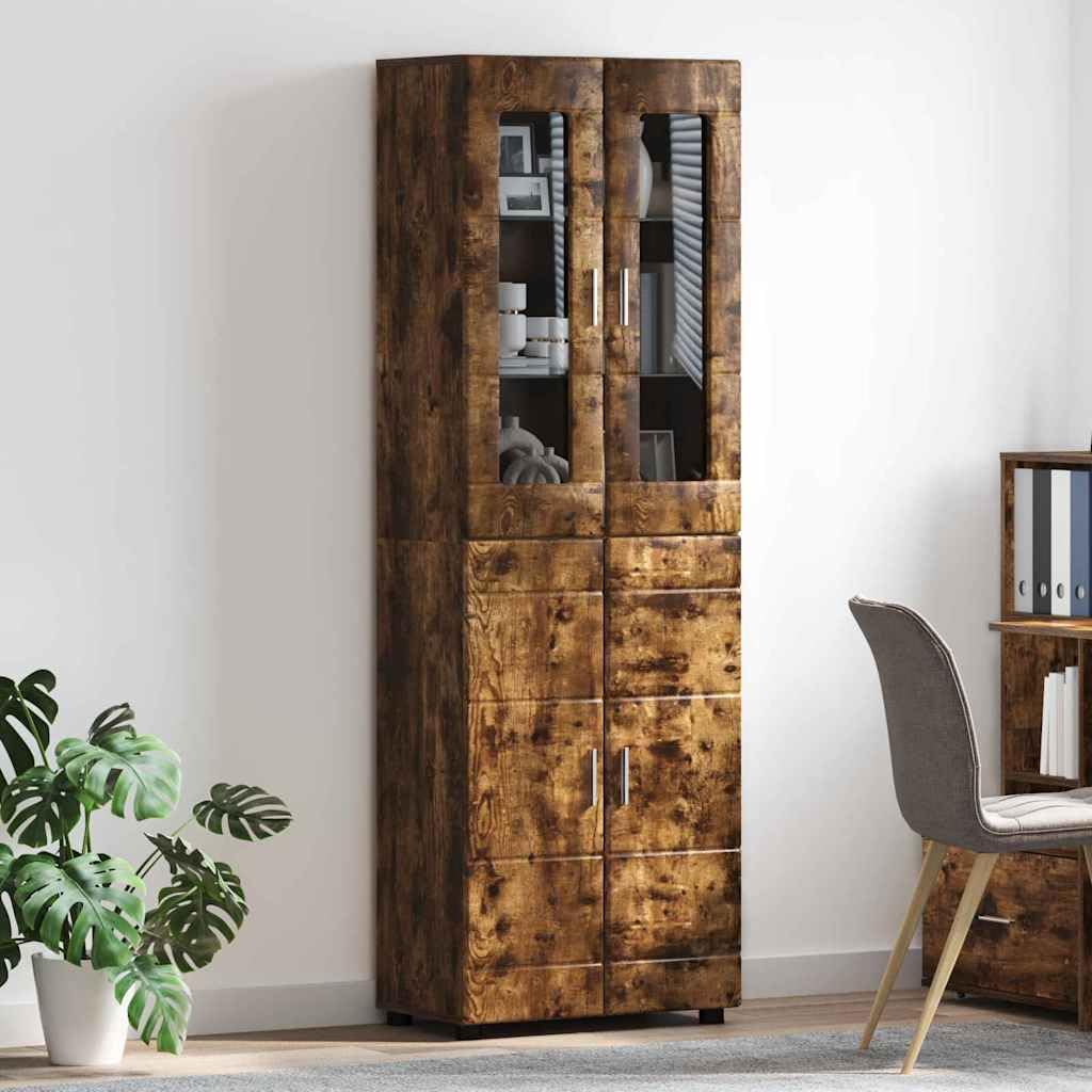 Florin Meuble haut 60 x 35 x 182 cm en chêne fumé avec 4 portes et 6 étagères pour un espace de rangement élégant dans le salon, le bureau à domicile ou la chambre à coucher, matériau en bois