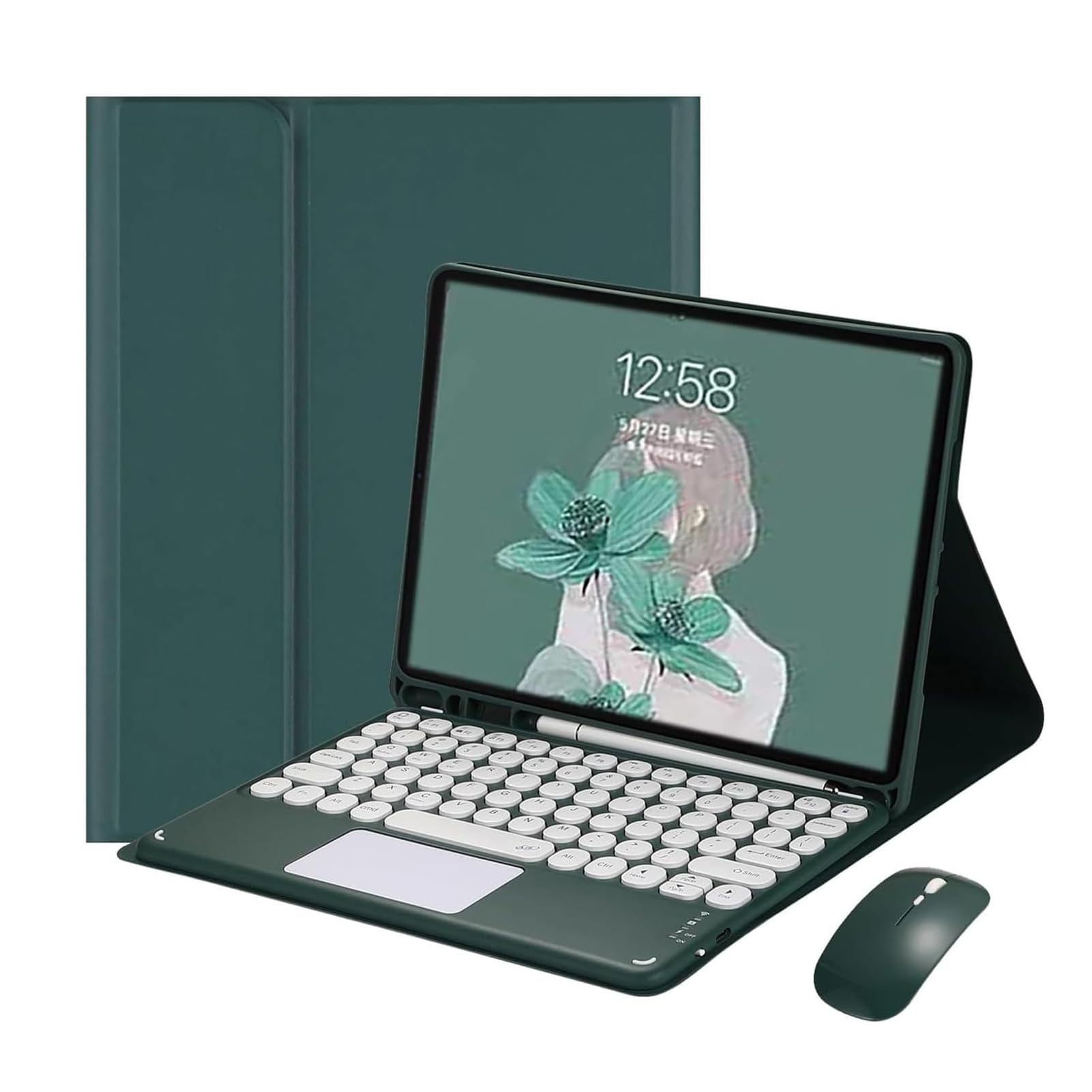Funda con Portalápices para iPad Pro 11 Pulgadas 4.ª/3.ª/2.ª/1.ª Generación(2022/2021/2020/2018), Español Teclado Trackpad Desmontable Inalámbrico con Cover Magnético y Ratón Bluetooth, Verde Oscuro-A