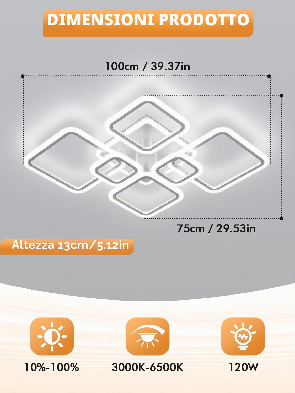 Plafoniera LED Soffitto Moderna Dimmerabile,120W Lampada da Soffitto con Telecomando & APP,3000K-6500K Plafoniera con Funzione di Memoria,Quadrata Lampada er Soggiorno Camera da Letto Cucina, Bianco