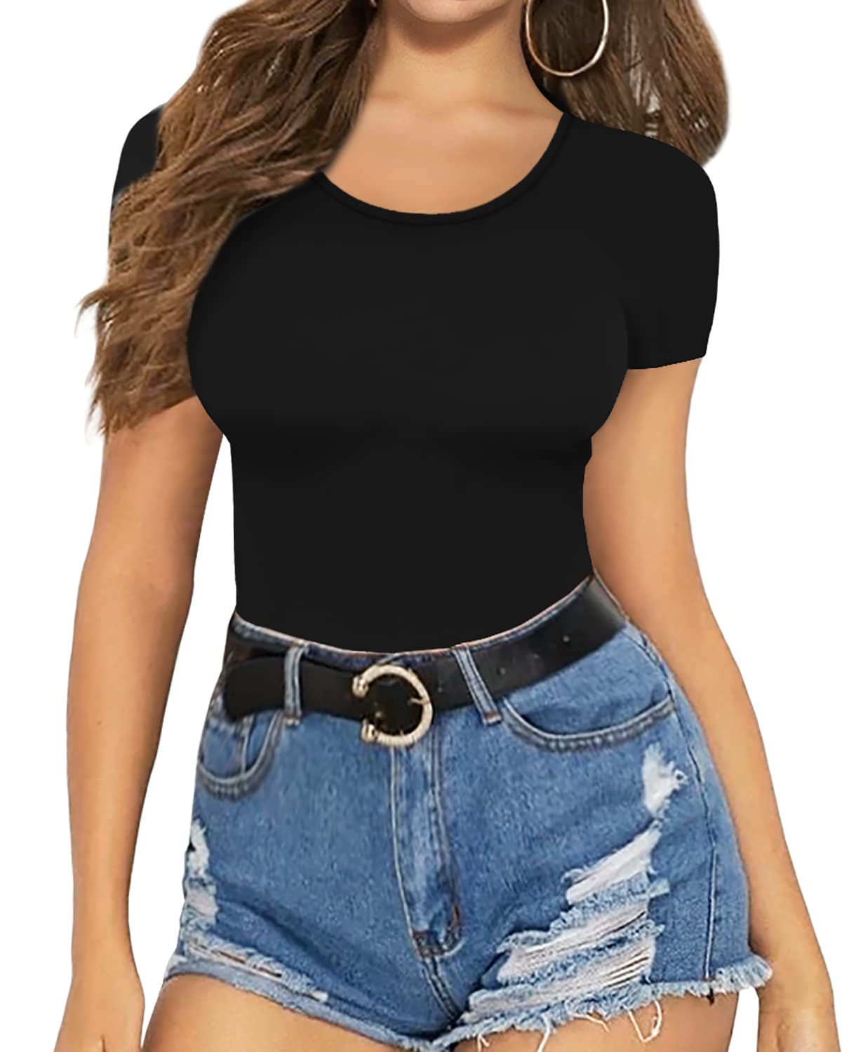 MANGOPOP Women's Round Collar Clothing Short Sleeve Long Sleeve Tops T Shirt Bodysuit (A Short Sleeve Black, Large)