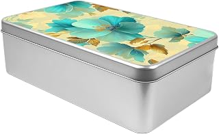 Metal Tin Storage Box with Lid,Turquoise Flowers