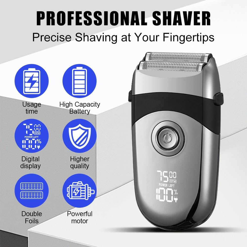 Electric Foil Shaver for Men: Portable Razor for Beard/Face 3 Floating Blade LED Display Fast Rechargeable IPX7 Waterproof for Travel & Home
