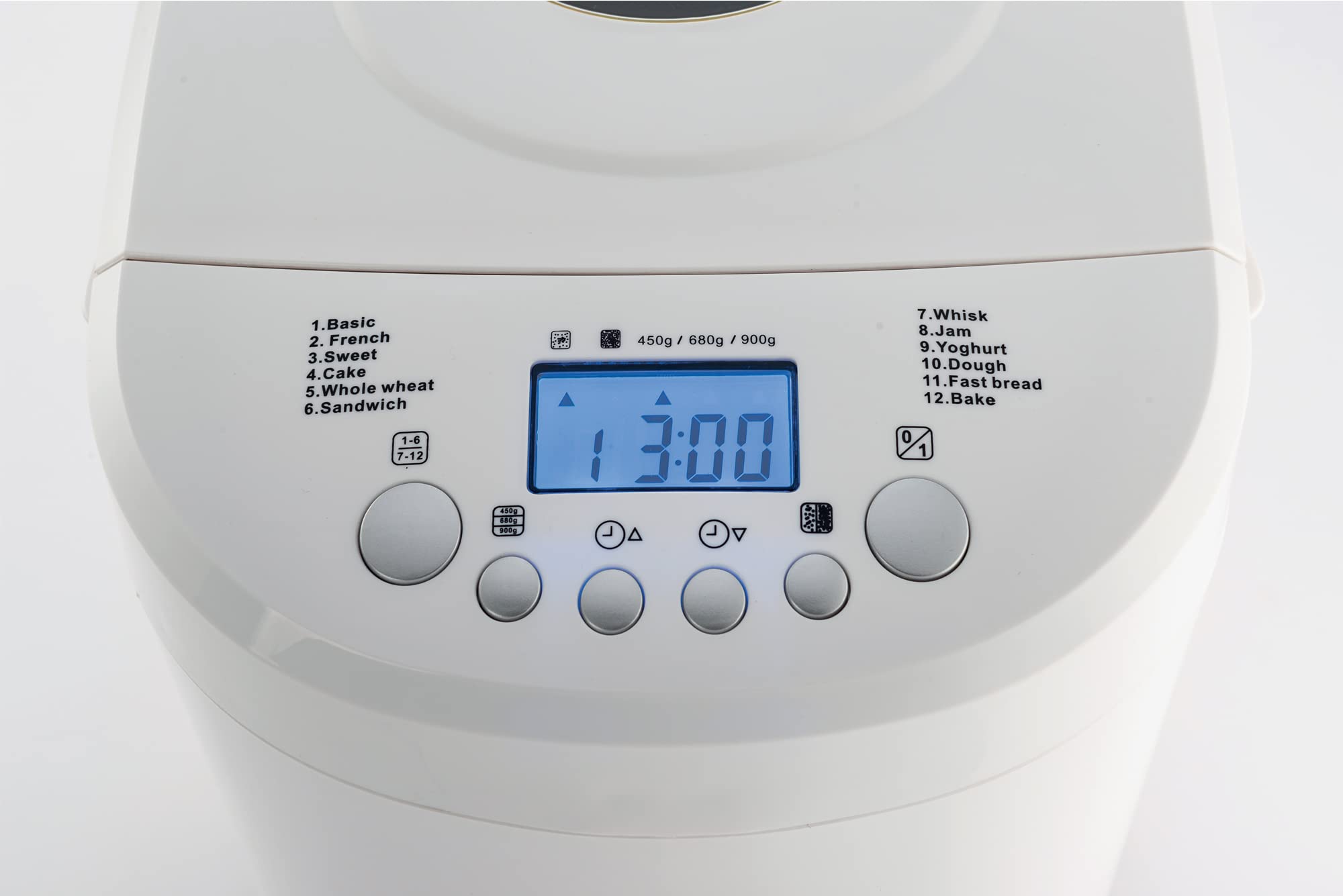 Machine à pain 12 programmes 600W 450g 680g 900g Sans gluten Départ Différé Maintien au chaud Brunissement Pâte Gâteau Confiture Blanc