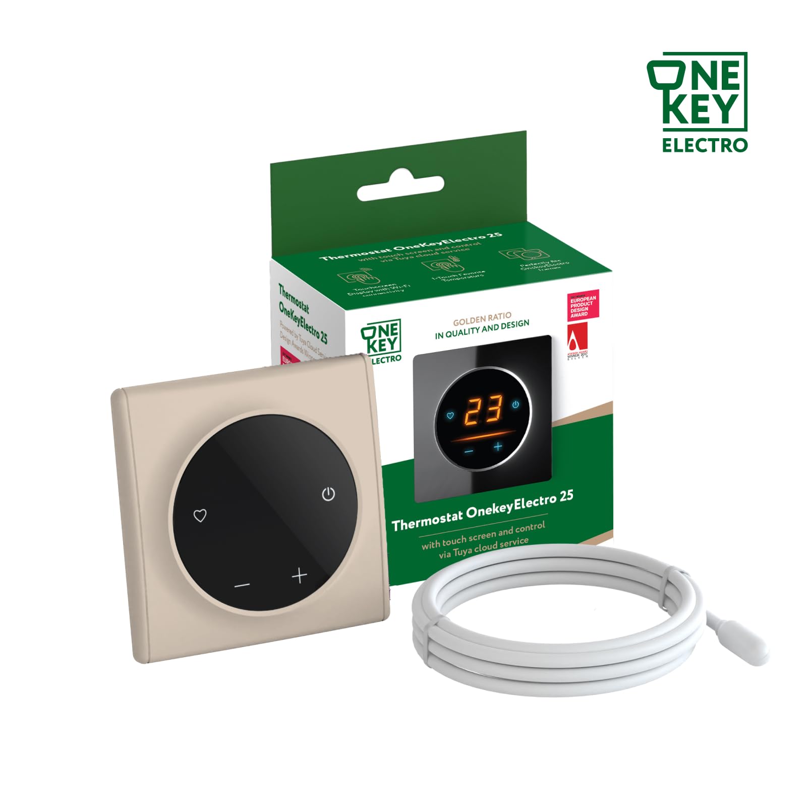 OneKeyElectro 25 designerski regulator temperatury z ekranem dotykowym Garda ze szklaną ramą, inteligentny termostat WiFi do elektronicznego ogrzewania podłogowego, kolor: beżowy, ramka: Florence - PC
