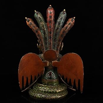 旧藏・ネパール仏教美術・六臂騎獅護法神像・宝石装飾・彩色描金・純