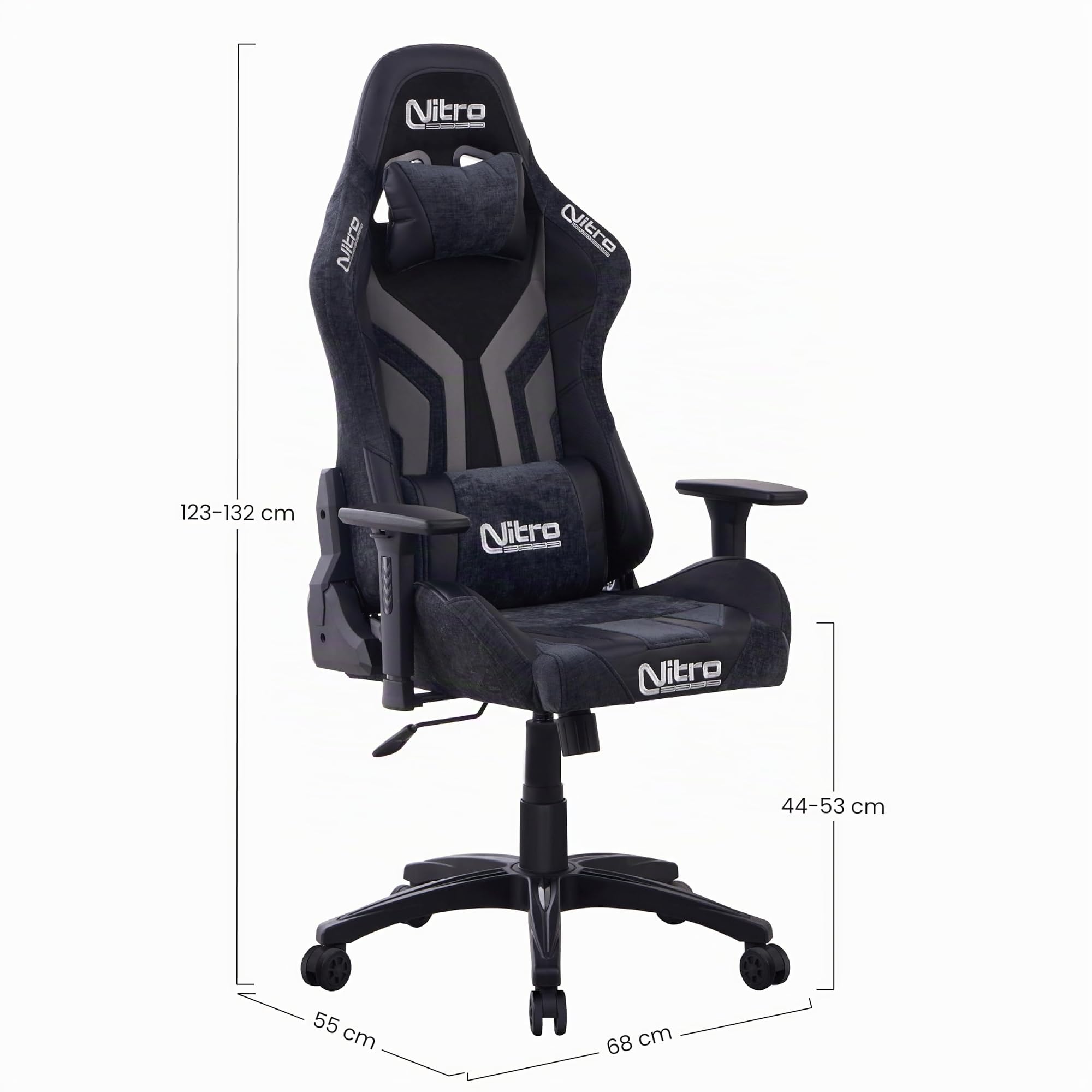 Brigros Nitro - Sedia Gaming In Tessuto Scamosciato E Similpelle Reclinabile 155° Con Cuscino Lombare E Cervicale, Sedia Da Gaming Ergonomica Con Braccioli 3D Regolabili Modello Flyco (Grigio/Nera)