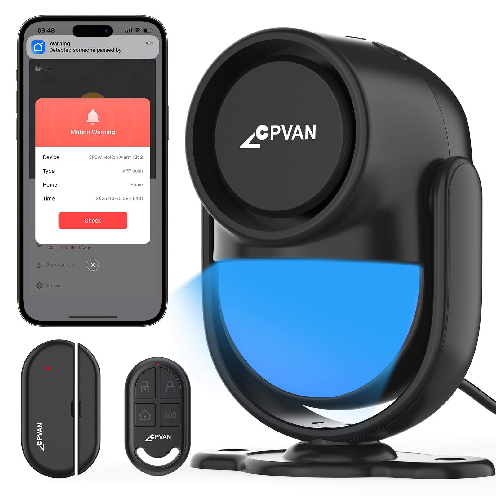 CPVAN Home Alarm System with PIR Motion Sensor, WiFi Wireless DIY Smart Door/Window Alarm for Home Security with Phone APP Alert 9 Pieces-Kit (Indoor PIR Alarm Host, 1 Door Sensors, 1 Remotes), Black-image-8