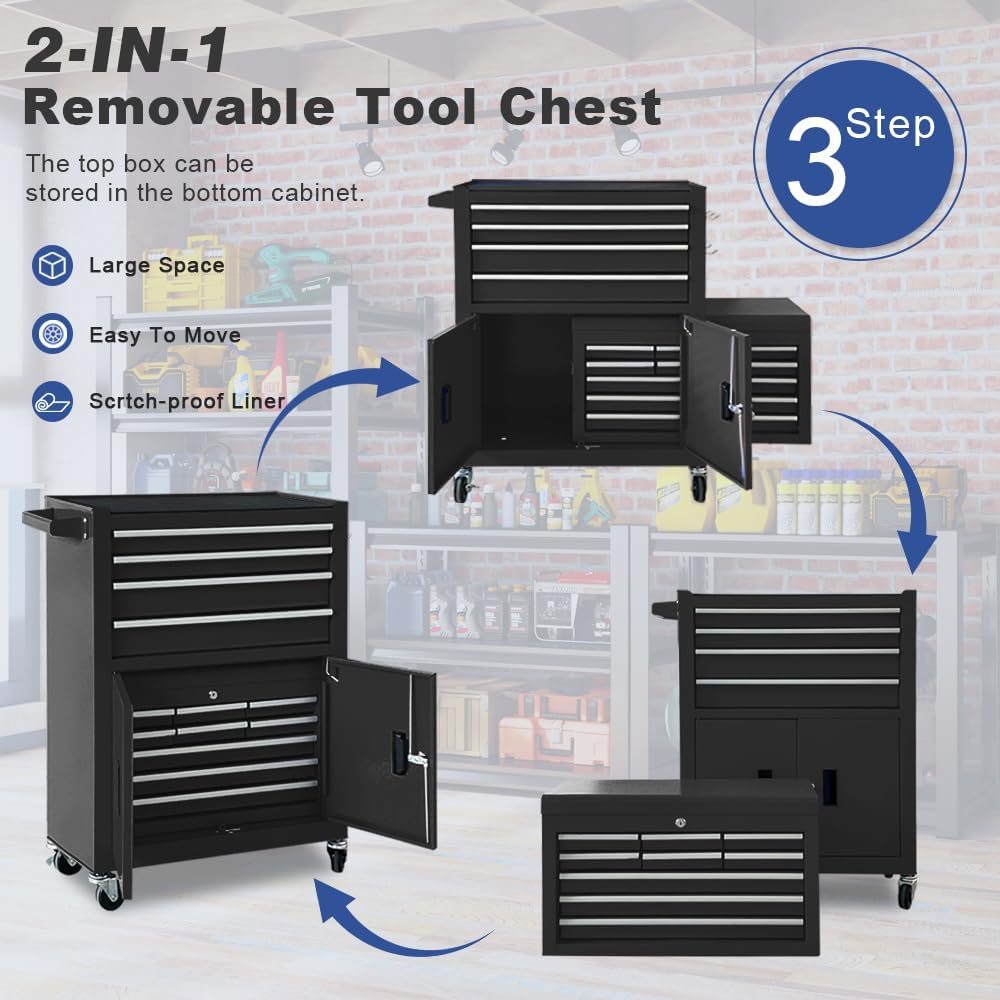 13-Drawer Rolling Tool Chest, 2 in 1 Detachable Metal Tool Cabinet with Lock & Wheels, Heavy-Duty Tool Storage Organizer for Garage, Workshop, Auto Repair & Home (Black)