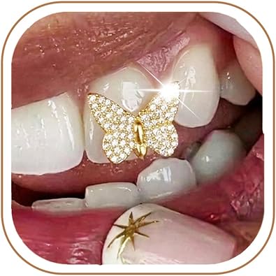 Longita Butterfly Gold Teeth Grillz for Women Grills for Your Teeth Men Gold Tooth Cap Grillz for Women Golden Tooth Jewelry Mouth Grills Rhinestone Hip Hop Outfits Custom Accessory Halloween Party